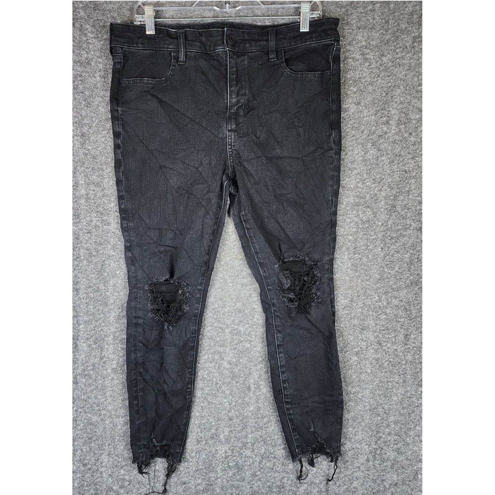 American Eagle Jeans Womens 14 Short The Dream Jean Black Distressed Raw Hem EUC